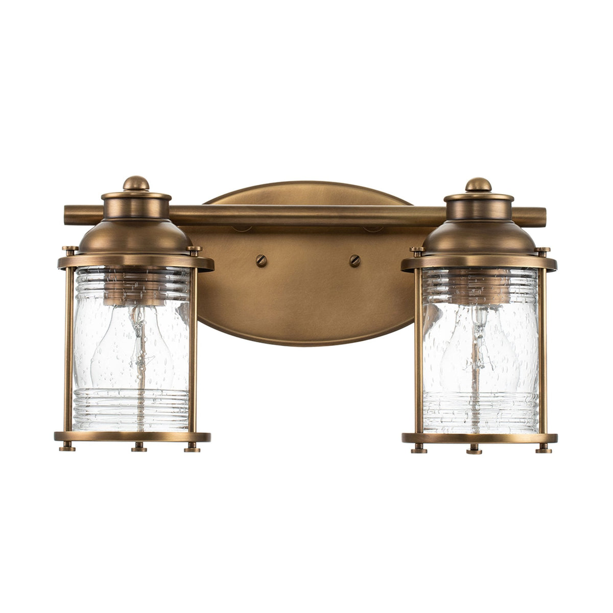 Ashland Bay Twin IP44 Wall Light in Natural Brass with Clear Seedy Ribbed Glass