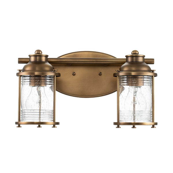 Ashland Bay Twin IP44 Wall Light in Natural Brass with Clear Seedy Ribbed Glass