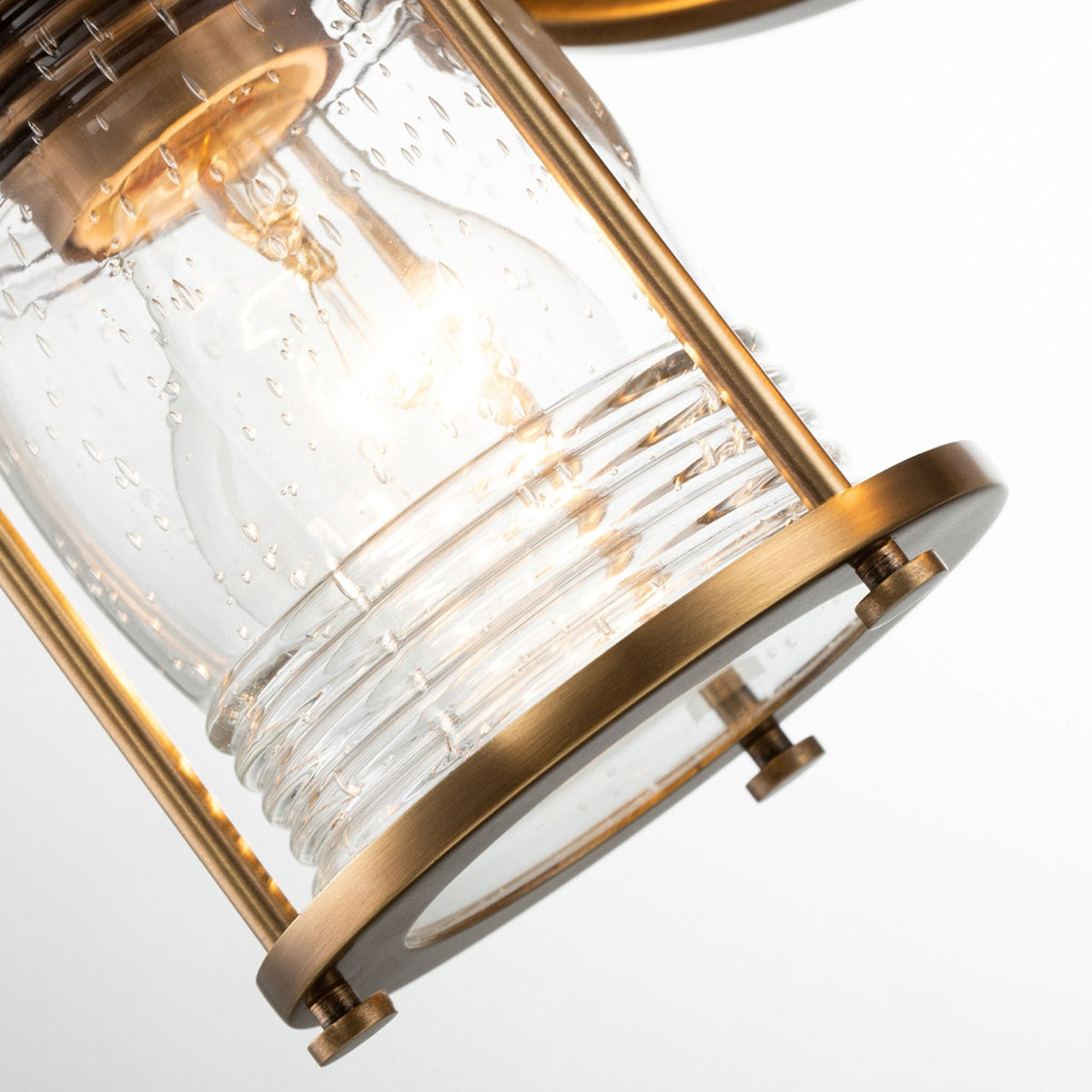 Ashland Bay Twin IP44 Wall Light in Natural Brass with Clear Seedy Ribbed Glass