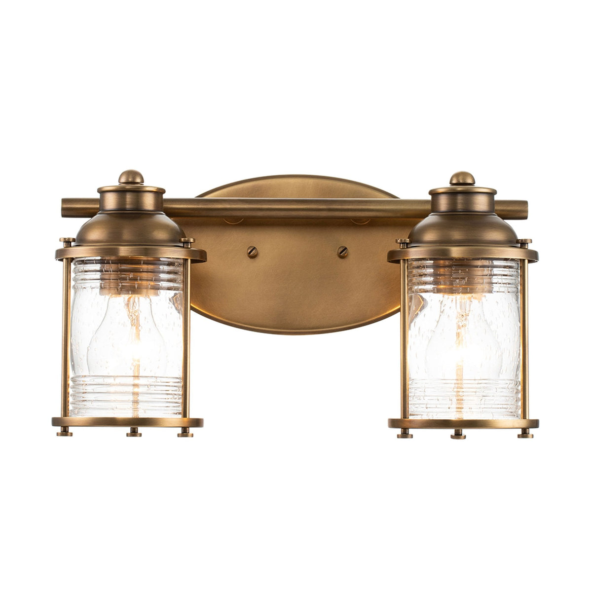 Ashland Bay Twin IP44 Wall Light in Natural Brass with Clear Seedy Ribbed Glass