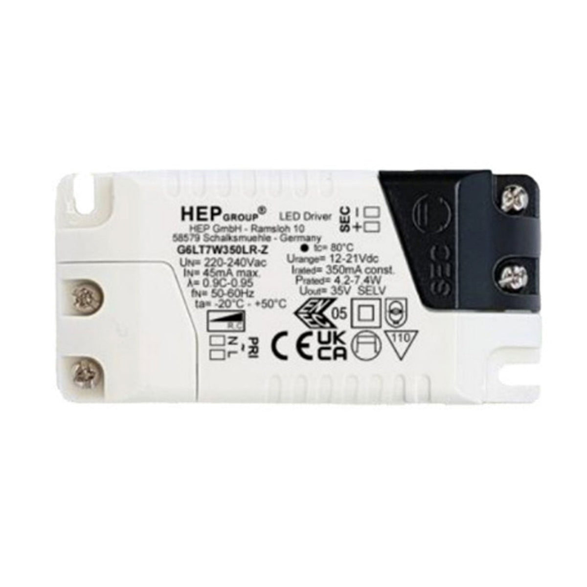 A white rectangular LED driver with black screw terminals and product specifications.