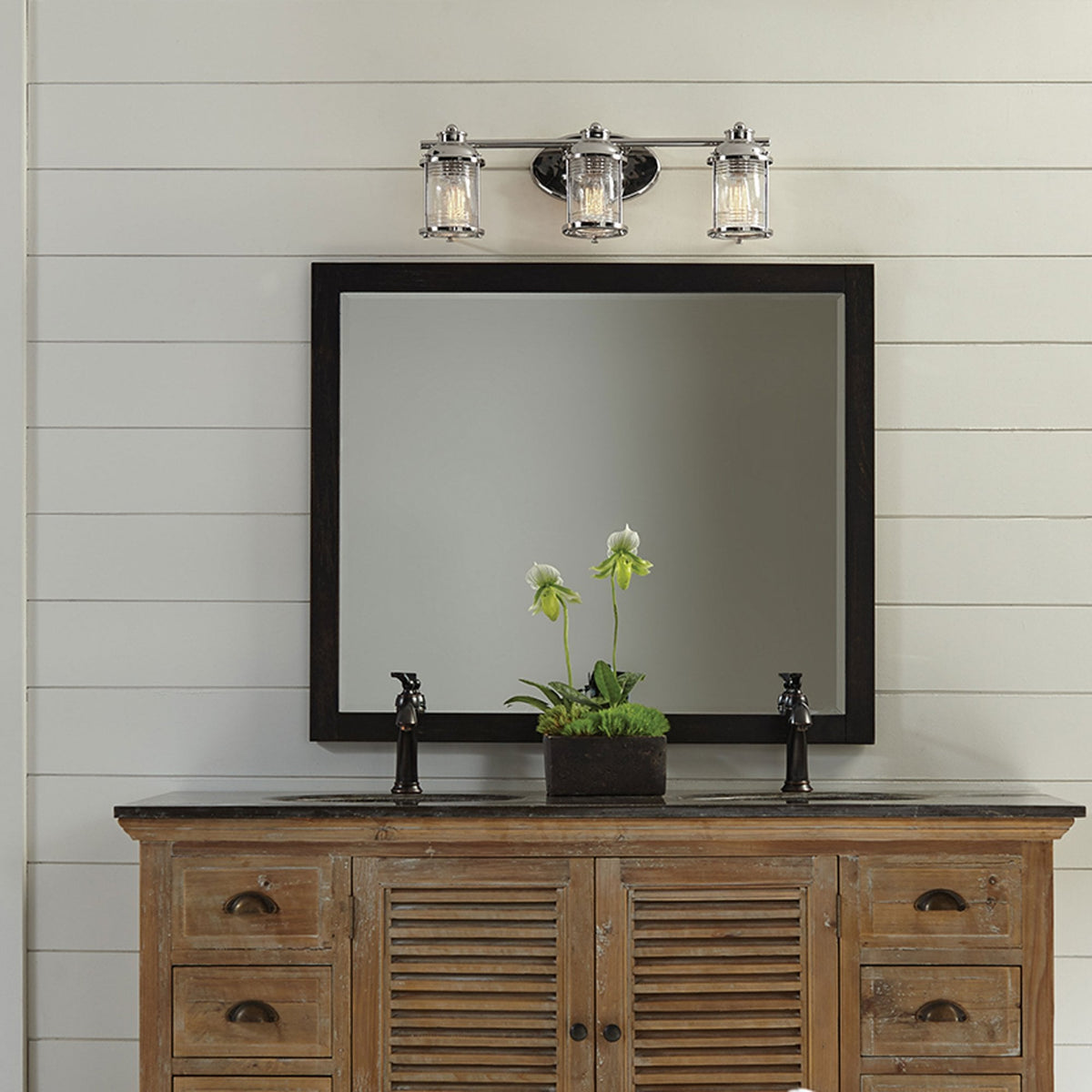 Ashland Bay Triple IP44 Wall Light in Polished Chrome with Clear Seedy Ribbed Glass