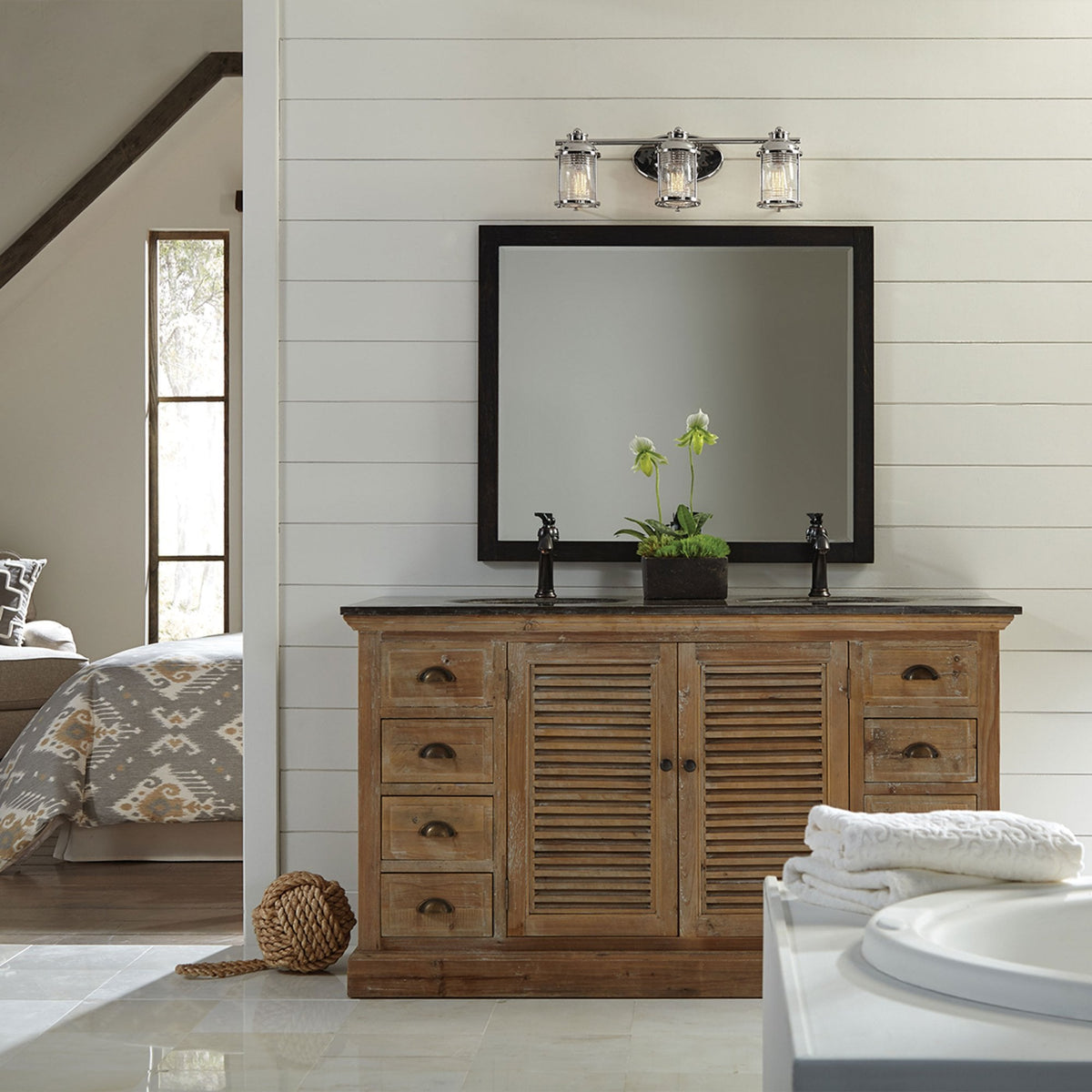 Ashland Bay Triple IP44 Wall Light in Polished Chrome with Clear Seedy Ribbed Glass