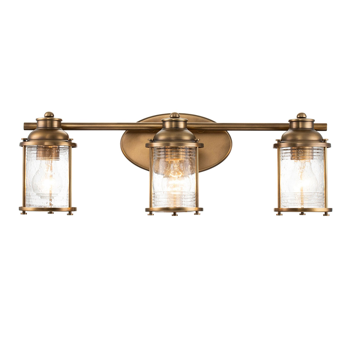 Ashland Bay Triple IP44 Wall Light in Natural Brass with Clear Seedy Ribbed Glass