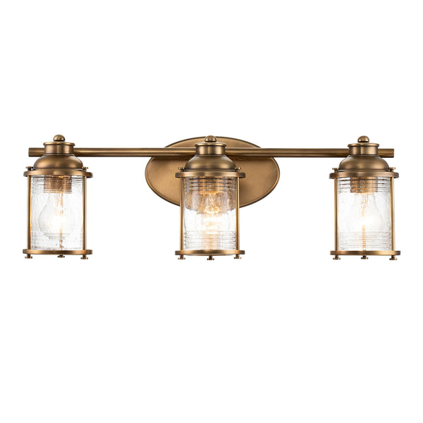 Ashland Bay Triple IP44 Wall Light in Natural Brass with Clear Seedy Ribbed Glass