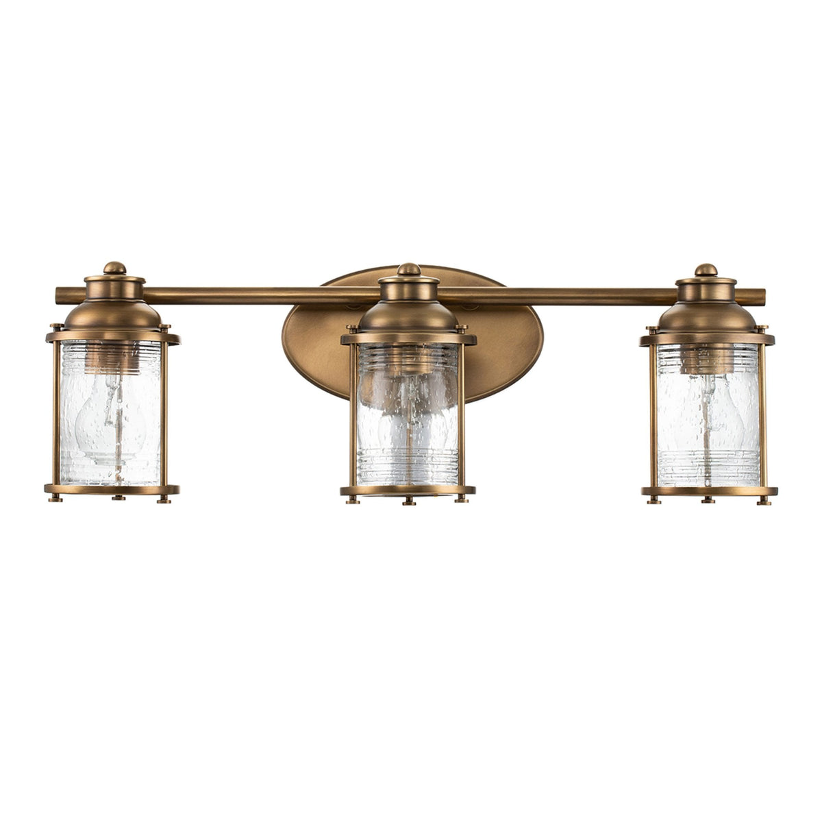 Ashland Bay Triple IP44 Wall Light in Natural Brass with Clear Seedy Ribbed Glass
