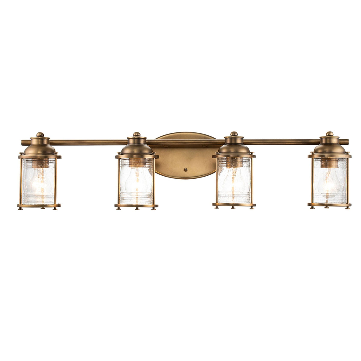 Ashland Bay Quadruple IP44 Wall Light in Natural Brass with Clear Seedy Ribbed Glass