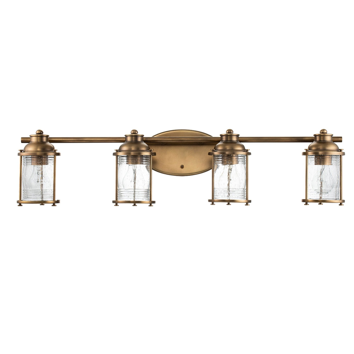 Ashland Bay Quadruple IP44 Wall Light in Natural Brass with Clear Seedy Ribbed Glass