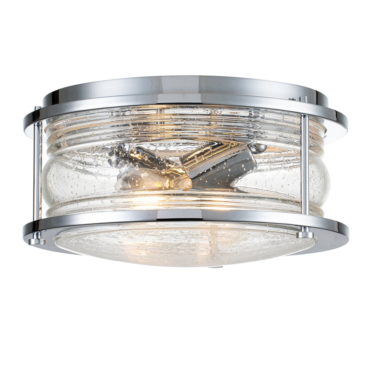 A close-up of the chrome and seeded glass flush mount light fixture.