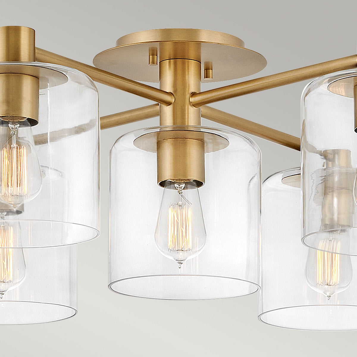 Axel Five Lamp Semi Flush Ceiling Light in Heritage Brass with Clear Glass Shades