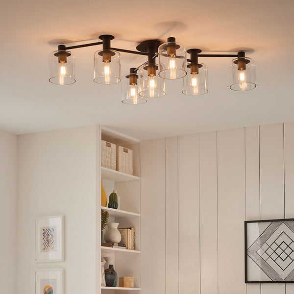 Axel Seven Lamp Semi Flush Ceiling Light in Black with Clear Glass Shades