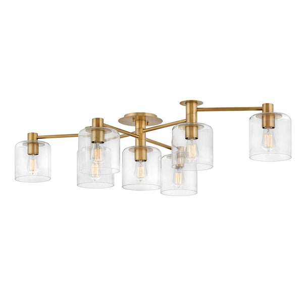 Axel Seven Lamp Semi Flush Ceiling Light in Heritage Brass with Clear Glass Shades