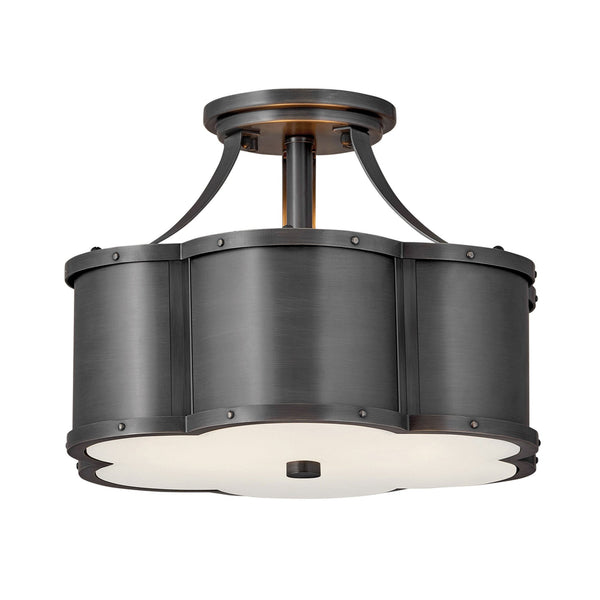Chance Semi Flush Ceiling Light in Blackened Brass with Etched Opal Glass Diffuser