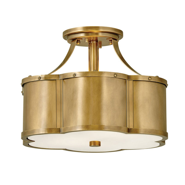Chance Semi Flush Ceiling Light in Heritage Brass with Etched Opal Glass Diffuser