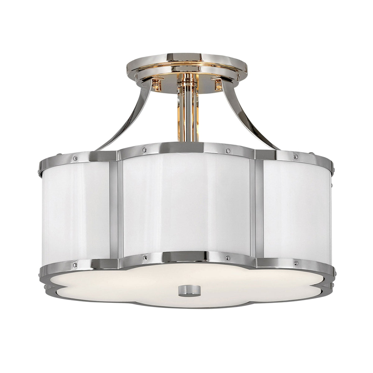 Chance Semi Flush Ceiling Light in Polished Nickel with Polished White & Opal Glass Diffuser