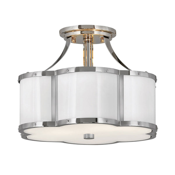 Chance Semi Flush Ceiling Light in Polished Nickel with Polished White & Opal Glass Diffuser