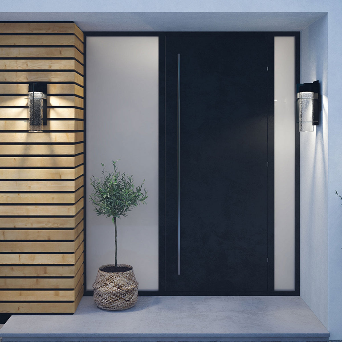 Eames Large IP44 LED Exterior Wall Light Earth Black with Clear Seedy Glass