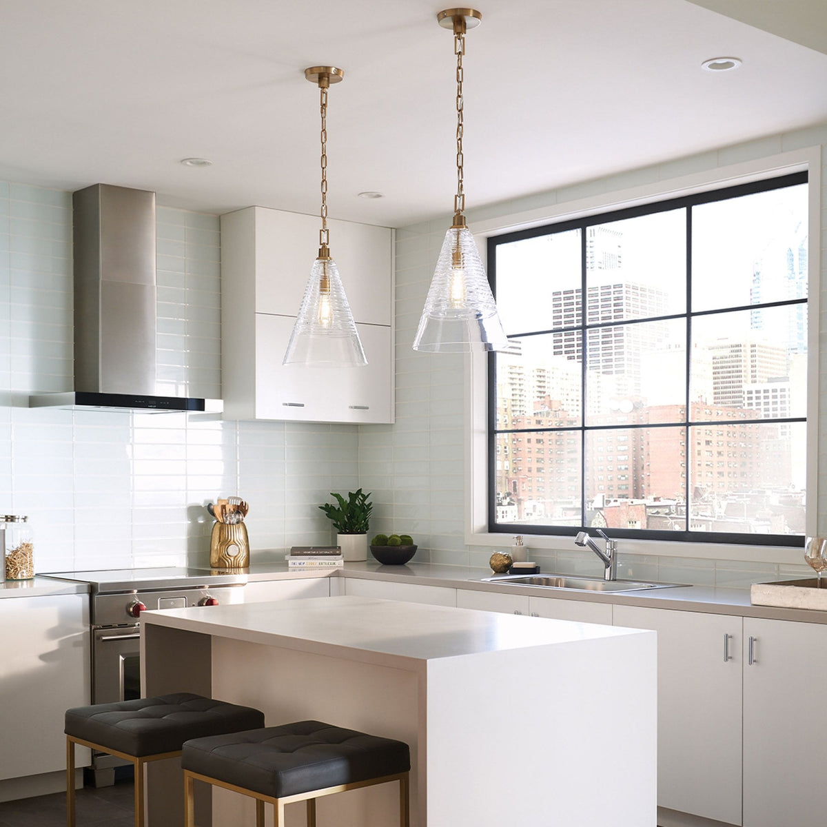 Elmore Single Drop Pendant in Burnished Brass with Clear Decorative Glass Shade