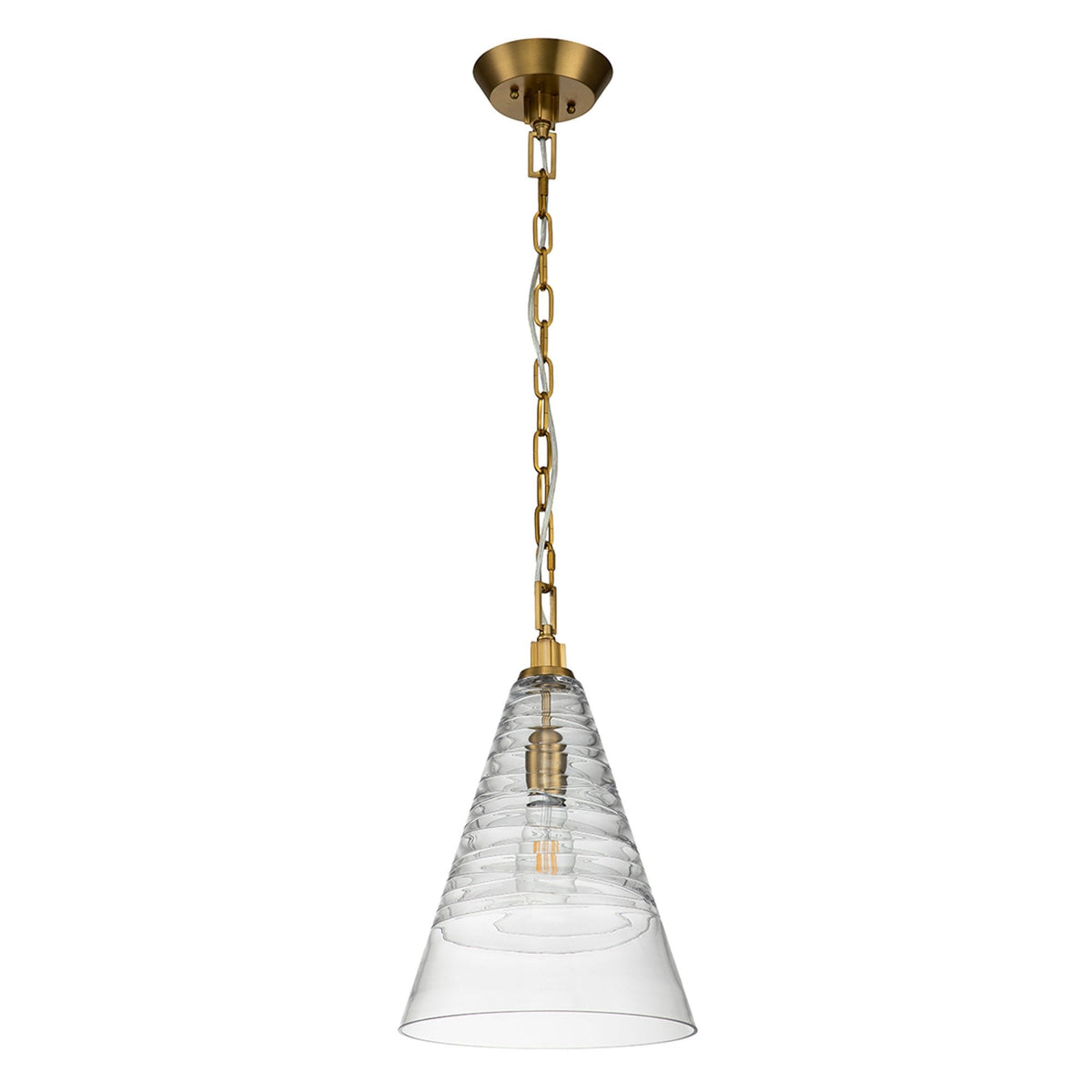 Elmore Single Drop Pendant in Burnished Brass with Clear Decorative Glass Shade