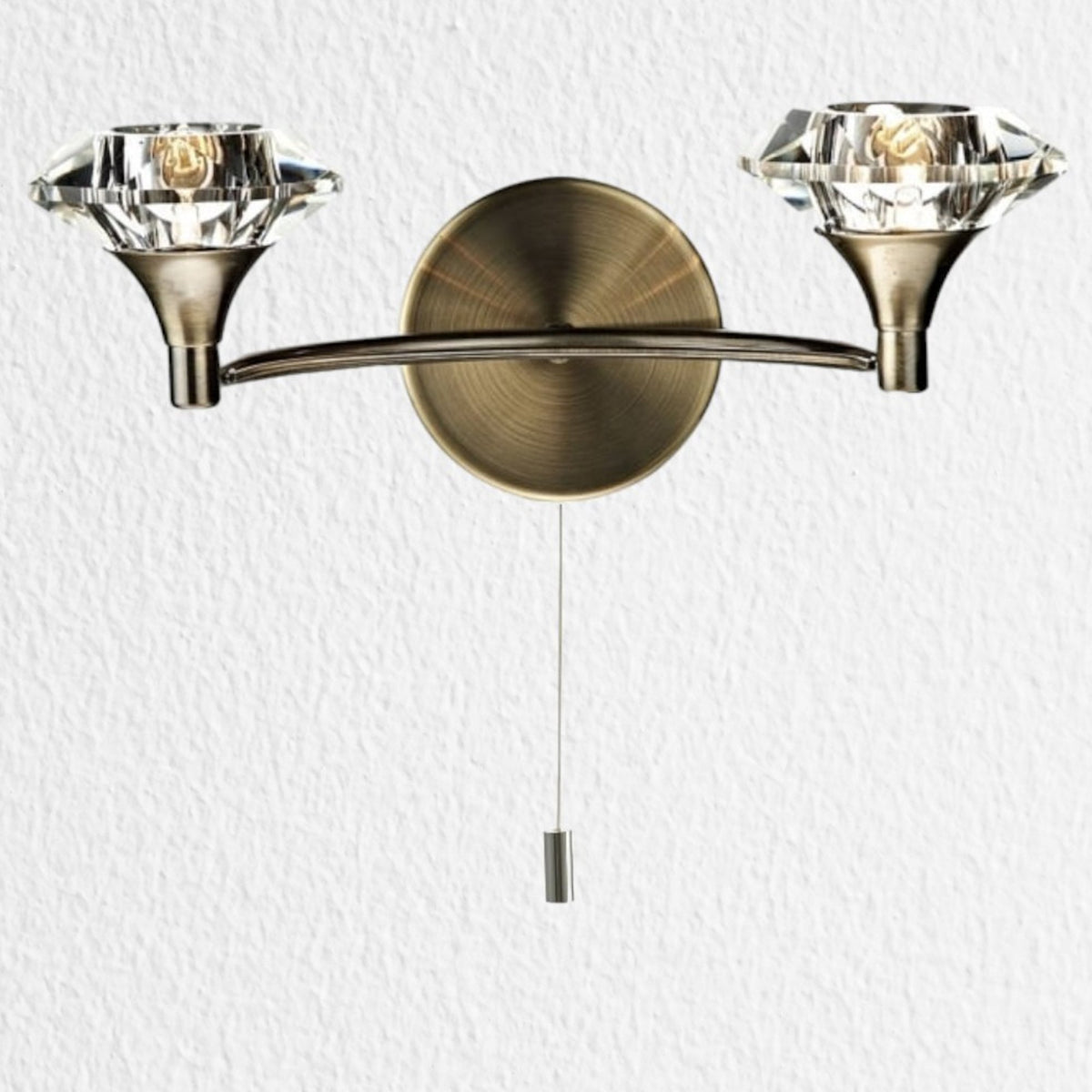 Luther Double Wall Light in Antique Brass and Crystal Glass