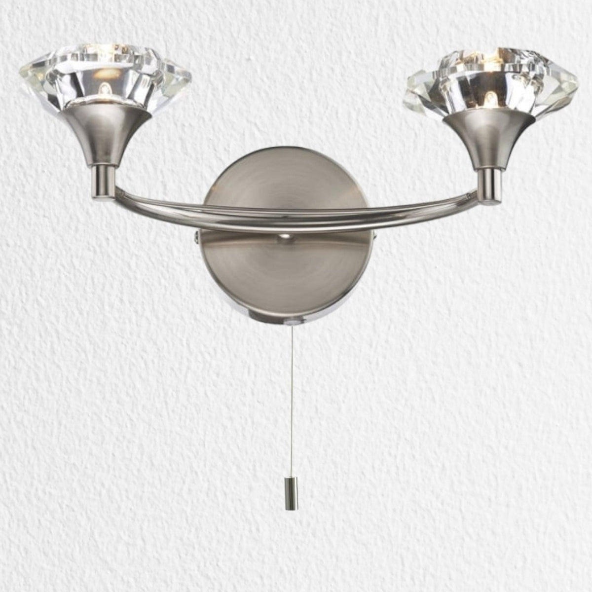 Luther Double Wall Light in Satin Chrome and Crystal Glass