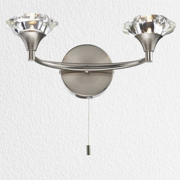 Luther Double Wall Light in Satin Chrome and Crystal Glass