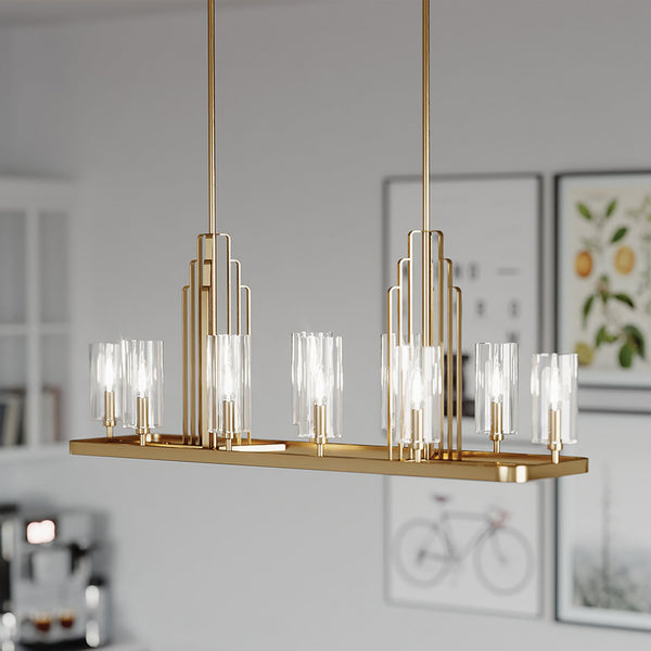 Kimrose Ten Lamp Linear Pendant Chandelier in Brushed Natural Brass