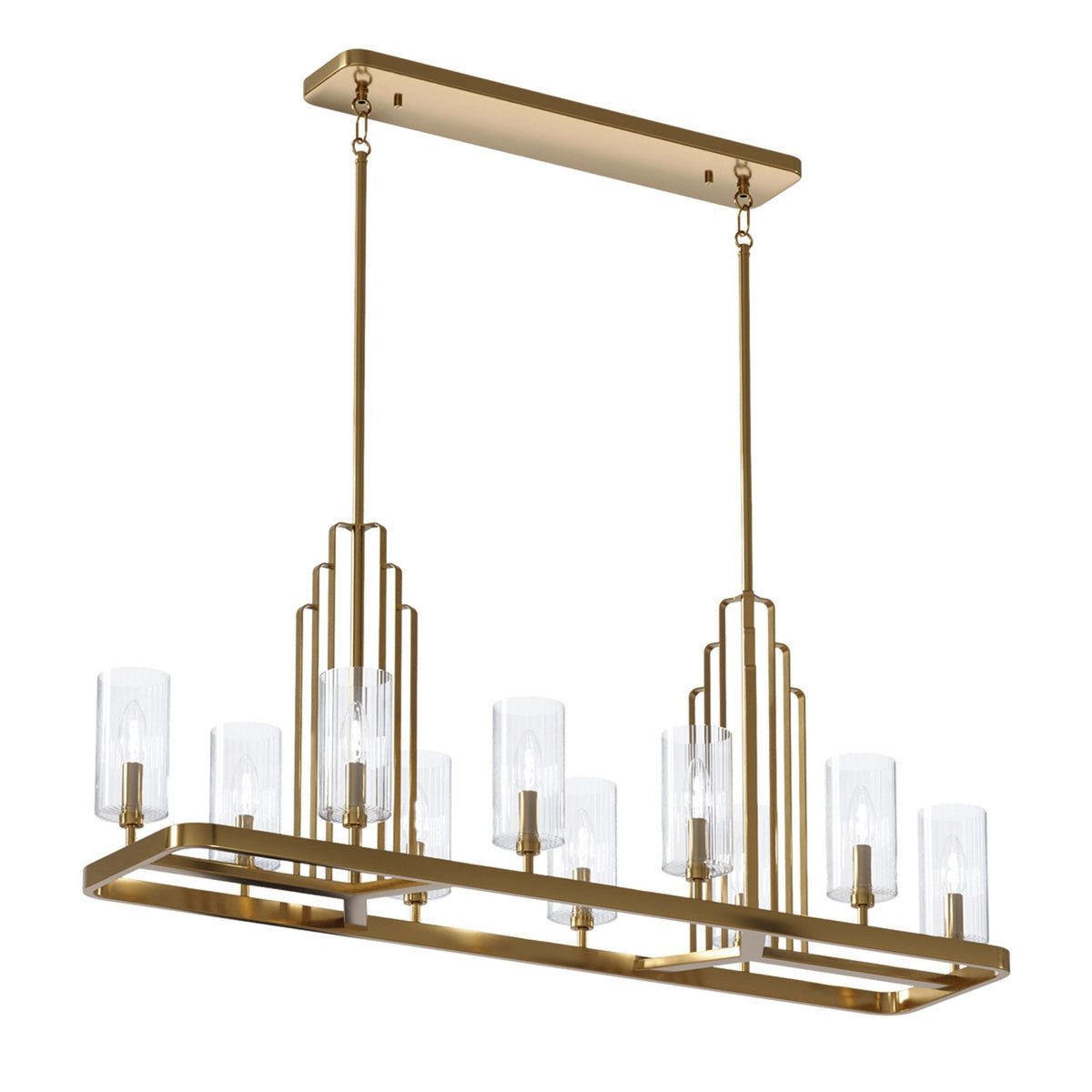 Kimrose Ten Lamp Linear Pendant Chandelier in Brushed Natural Brass