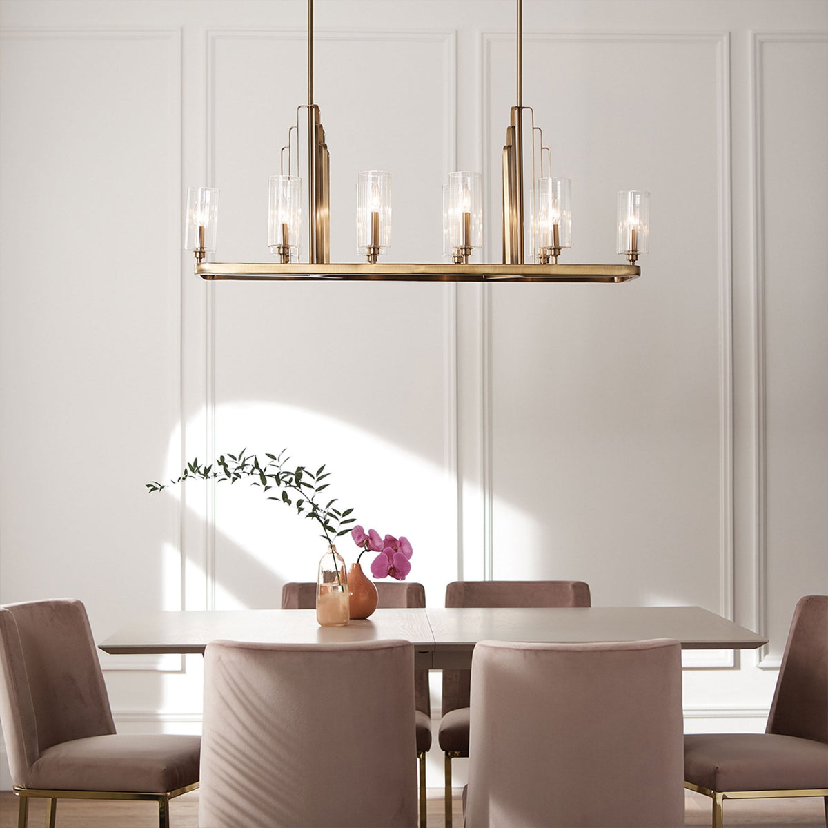 Kimrose Ten Lamp Linear Pendant Chandelier in Brushed Natural Brass
