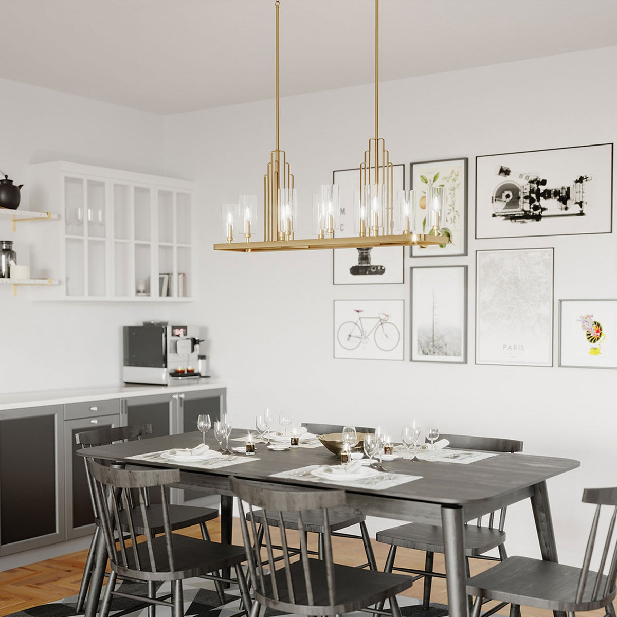 Kimrose Ten Lamp Linear Pendant Chandelier in Brushed Natural Brass