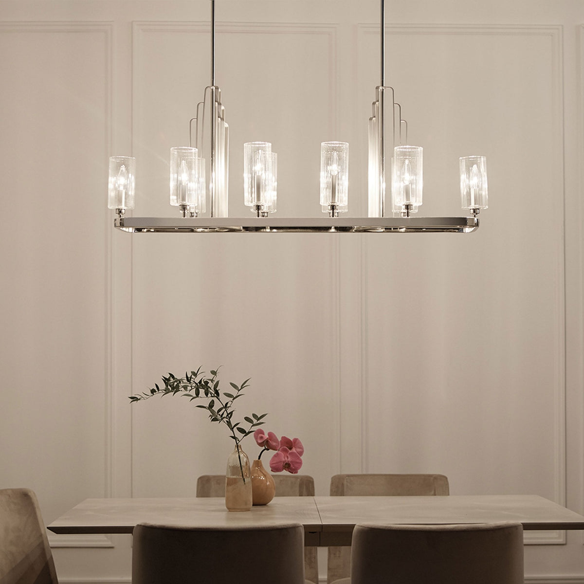Kimrose Ten Lamp Linear Pendant Chandelier in Polished Nickel
