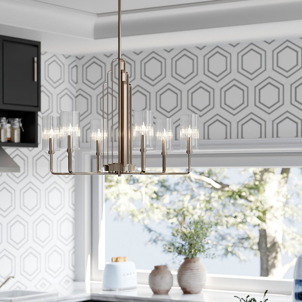 Kimrose Six Lamp Chandelier in Polished Nickel