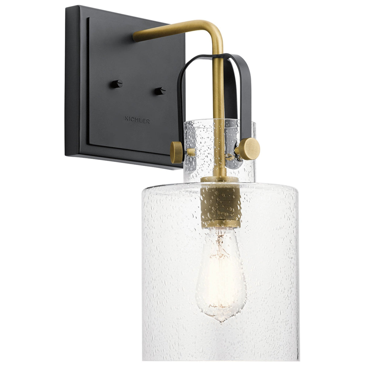 Kitner Single Wall Light in Natural Brass and Black with Clear Seeded Glass Shade