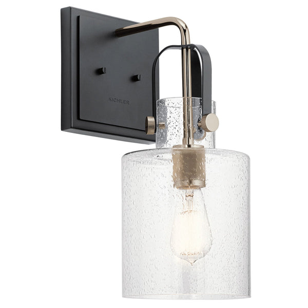 Kitner Single Wall Light in Polished Nickel and Black with Clear Seeded Glass Shade