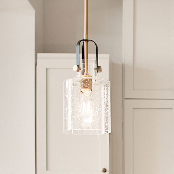 Kitner Single Drop Pendant in Natural Brass and Black with Clear Seeded Glass Shade