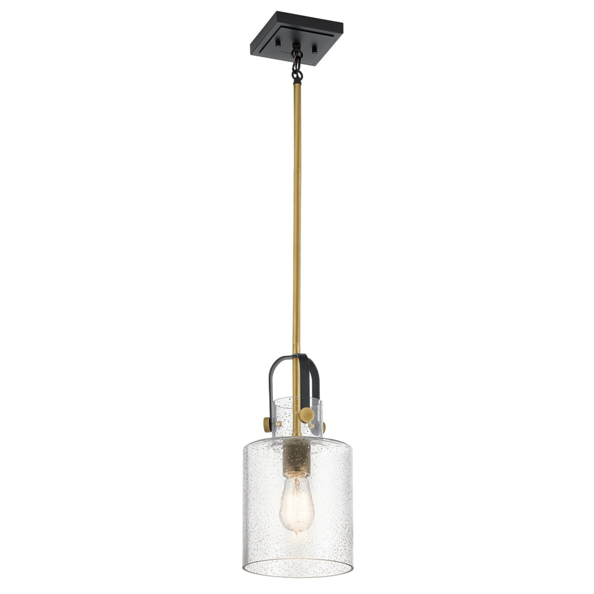 Kitner Single Drop Pendant in Natural Brass and Black with Clear Seeded Glass Shade
