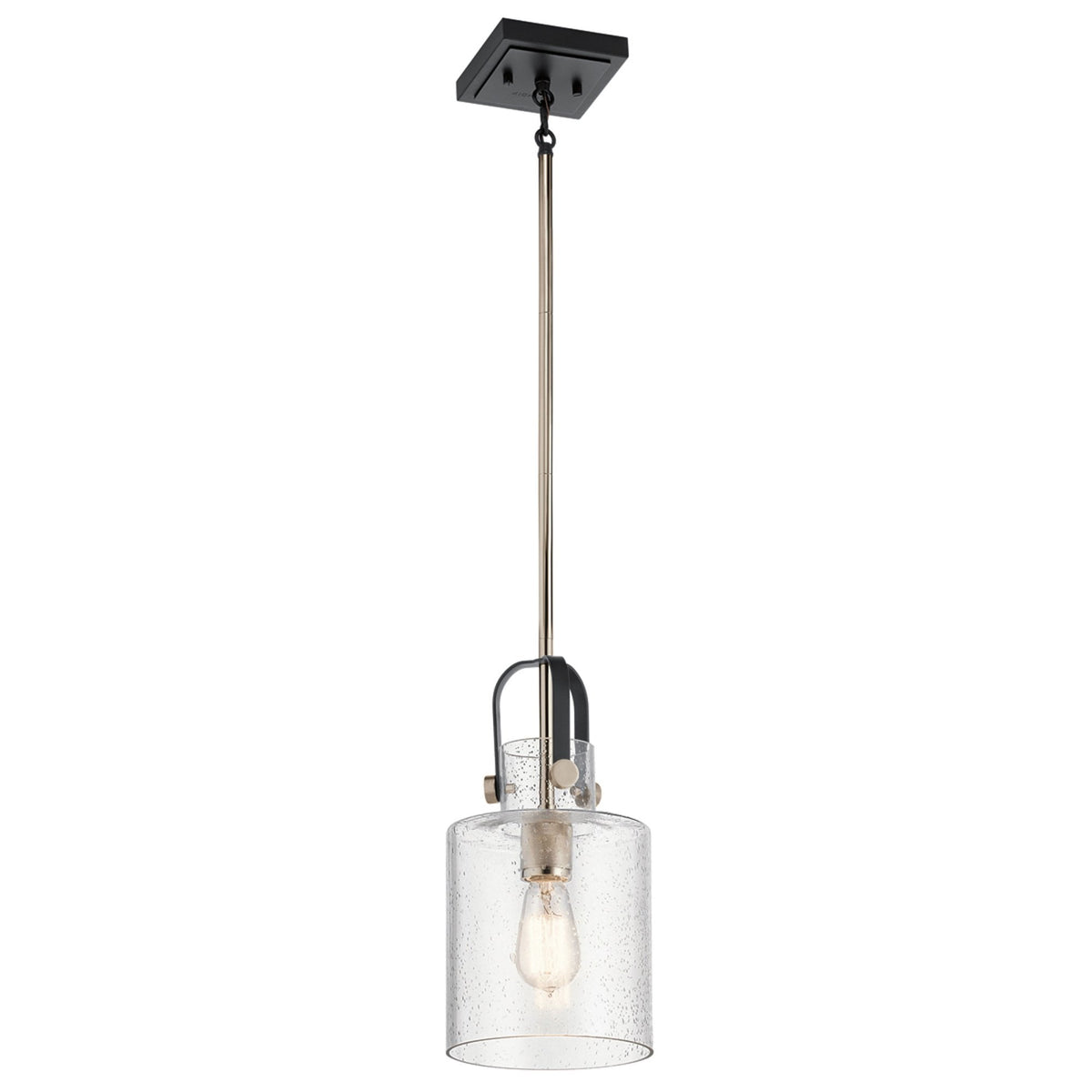 Kitner Single Drop Pendant in Polished Nickel and Black with Clear Seeded Glass Shade