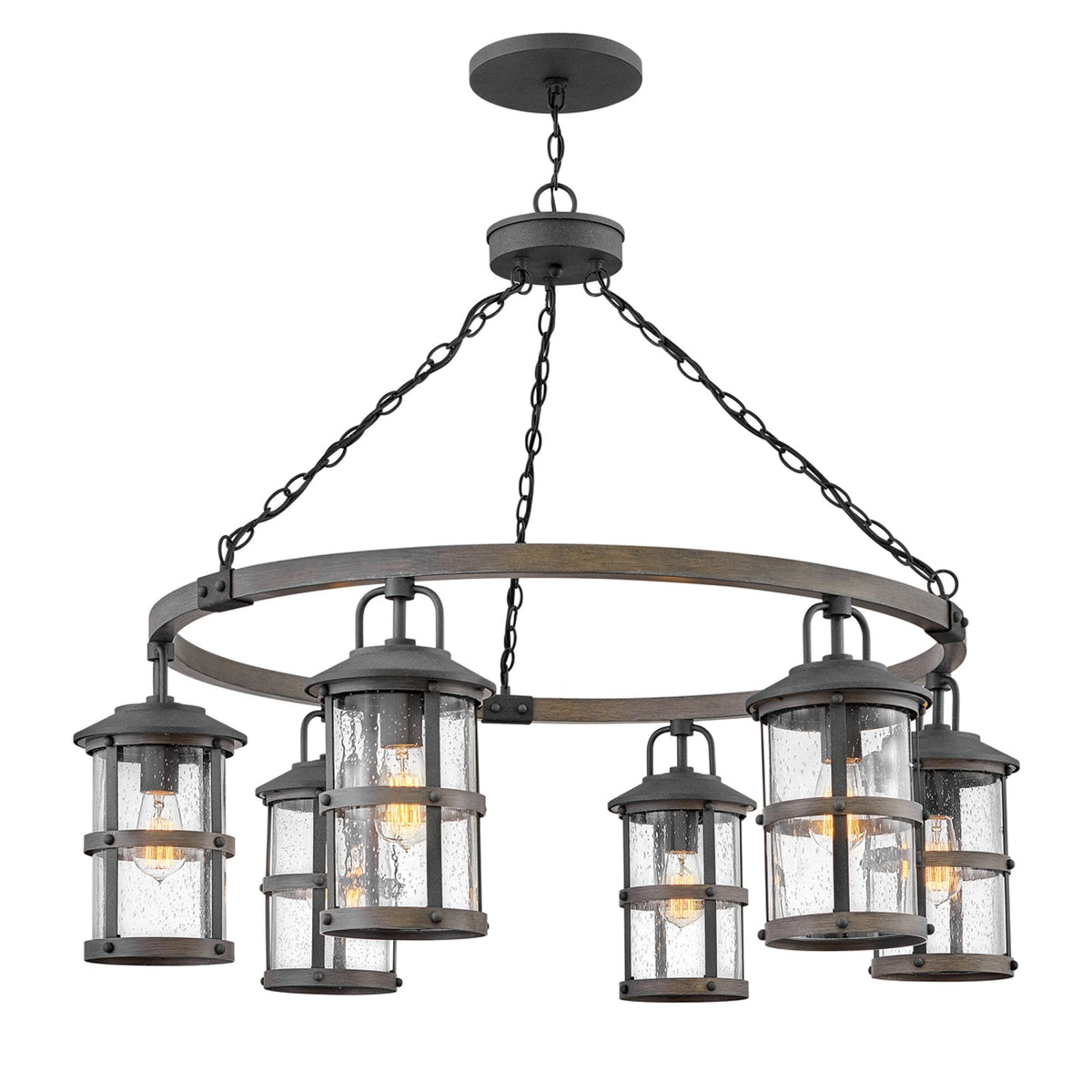 Lakehouse IP44 Six Lamp Chandelier in Aged Zinc with Driftwood Grey Rings