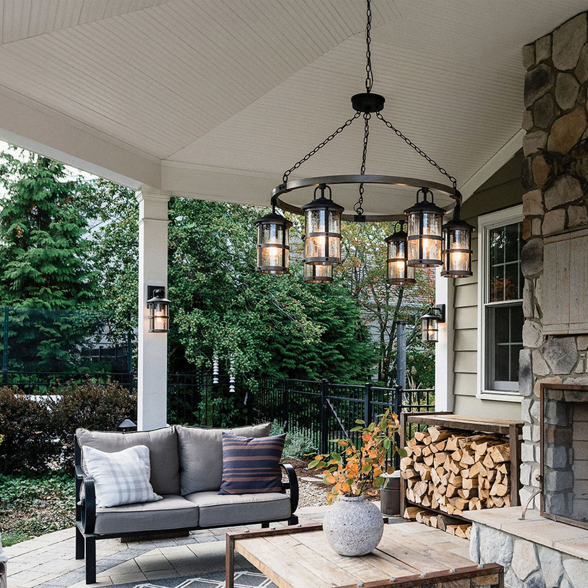 Lakehouse IP44 Six Lamp Chandelier in Aged Zinc with Driftwood Grey Rings