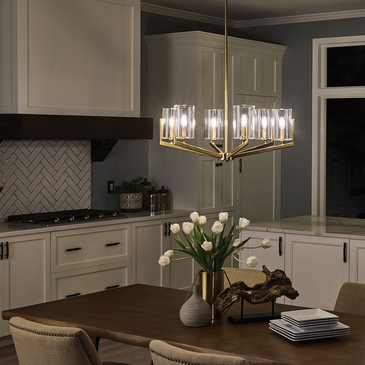 Nye Six Light Chandelier in Brushed Natural Brass