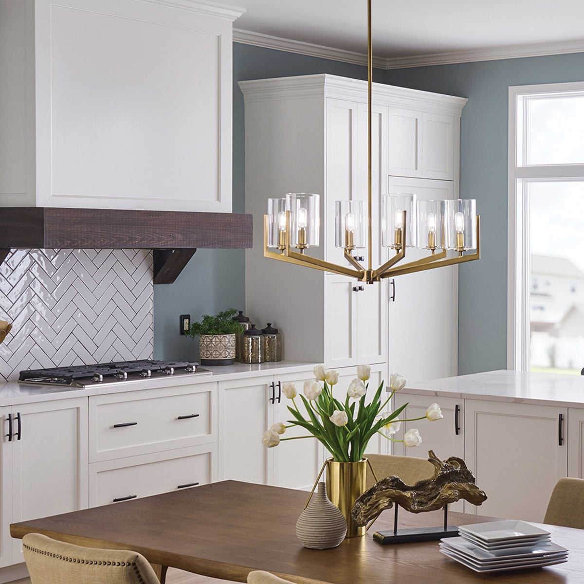 Nye Six Light Chandelier in Brushed Natural Brass