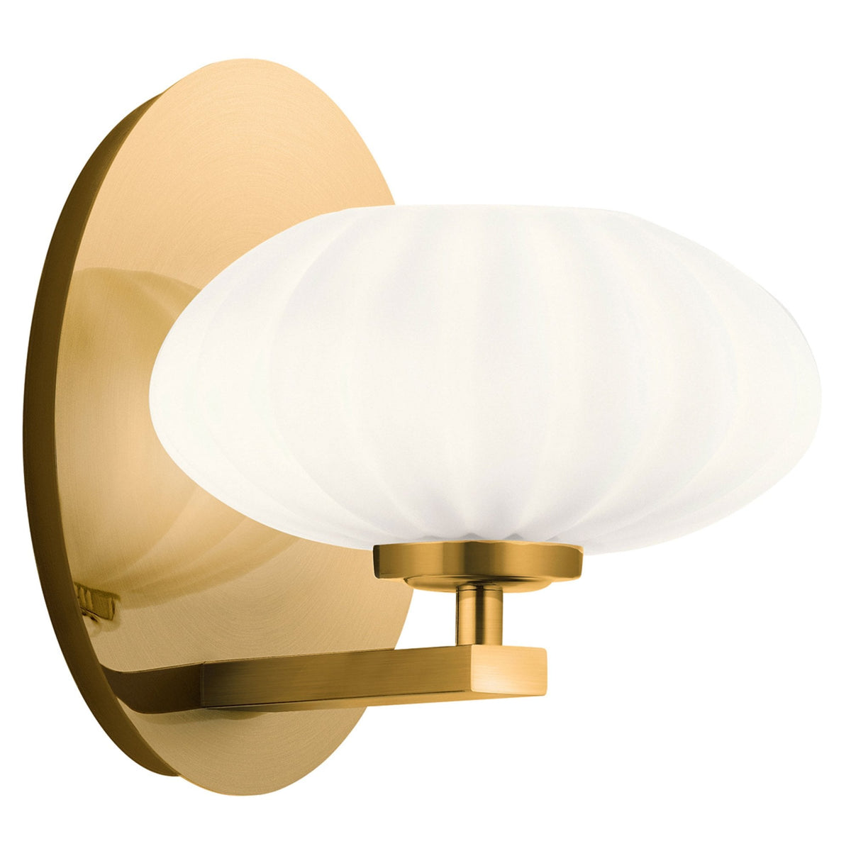 A single brass wall sconce with a distinctive ribbed white glass shade.