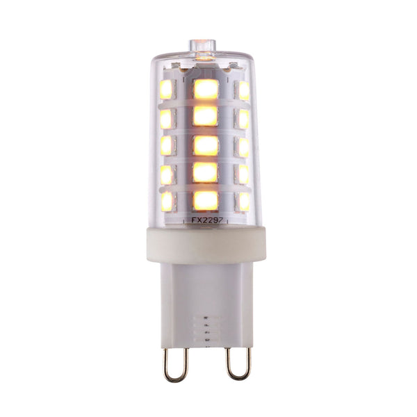 A G9 LED light bulb with warm white illumination on a white background.