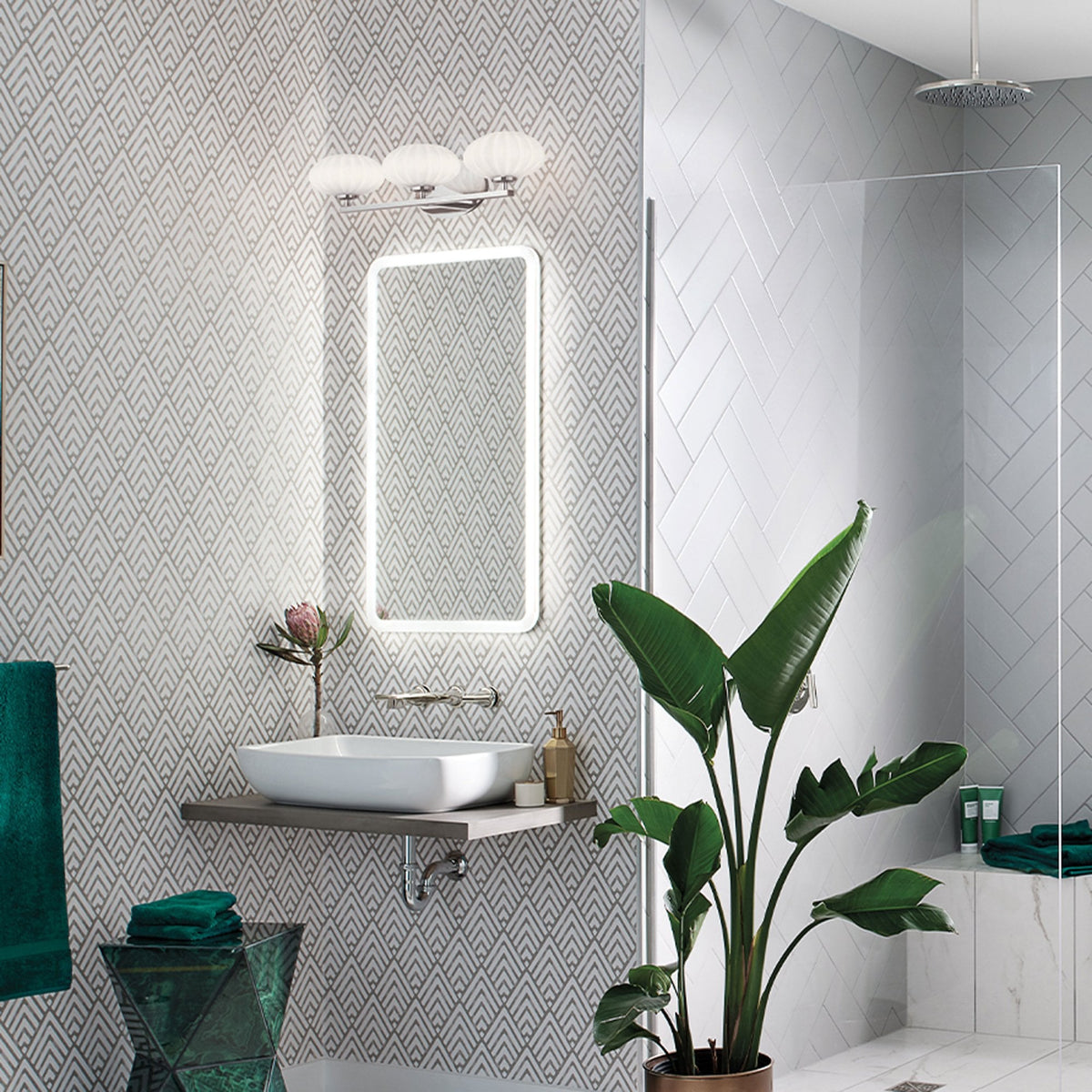 Pim IP44 Triple Wall Light in Polished Chrome with Satin Etched Cased Opal Shades