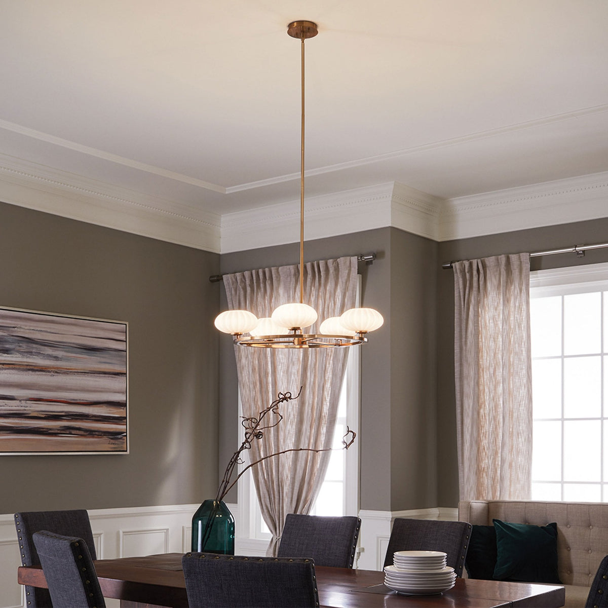 Pim IP44 Five Light Chandelier in Fox Gold with Satin Etched Cased Opal Shades