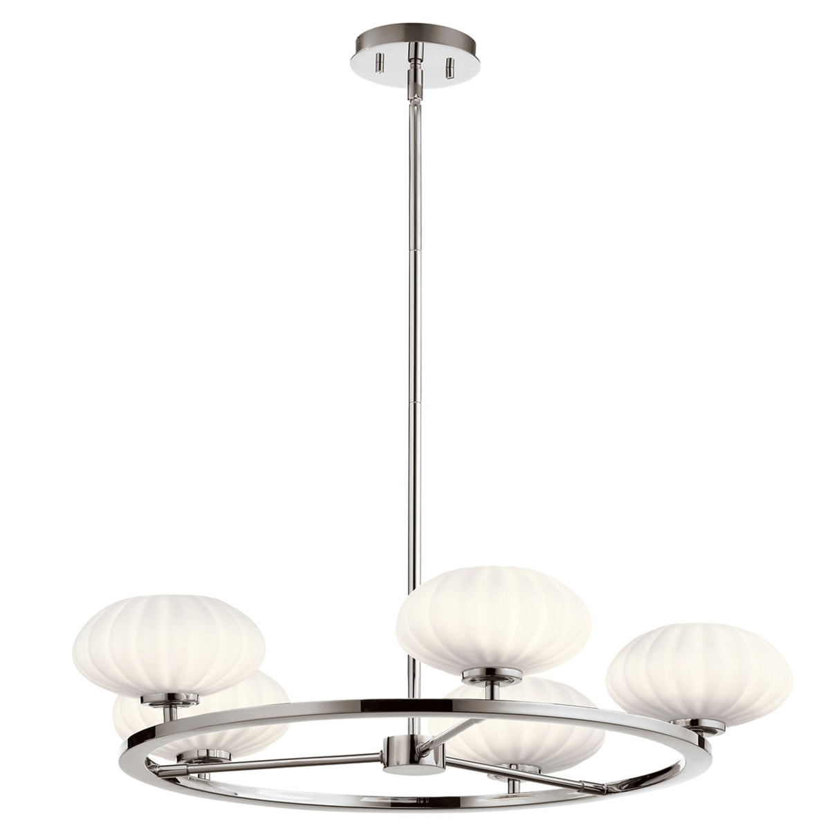 Pim IP44 Five Light Chandelier in Polished Chrome with Satin Etched Cased Opal Shades