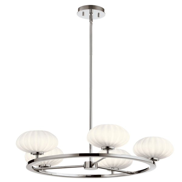 Pim IP44 Five Light Chandelier in Polished Chrome with Satin Etched Cased Opal Shades