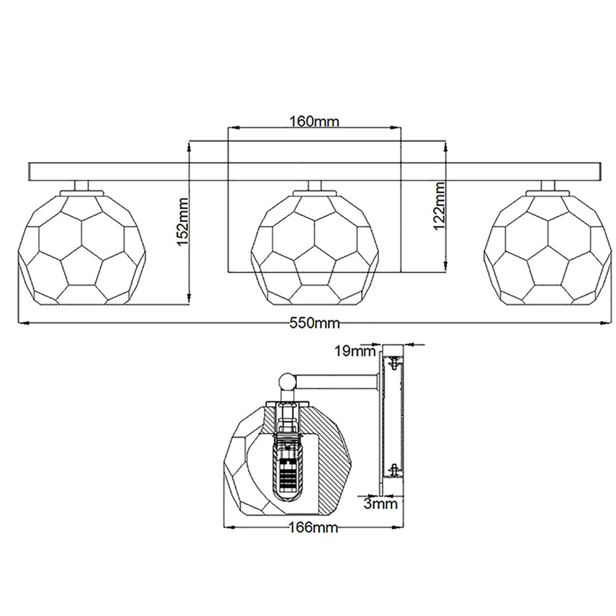 Regalia IP44 Triple Wall Light in Polished Chrome with Prismatic Crystal Shades