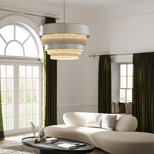 Reverie Twelve Lamp Pendant with Crystal Panels with Hammered Stainless Steel Shade