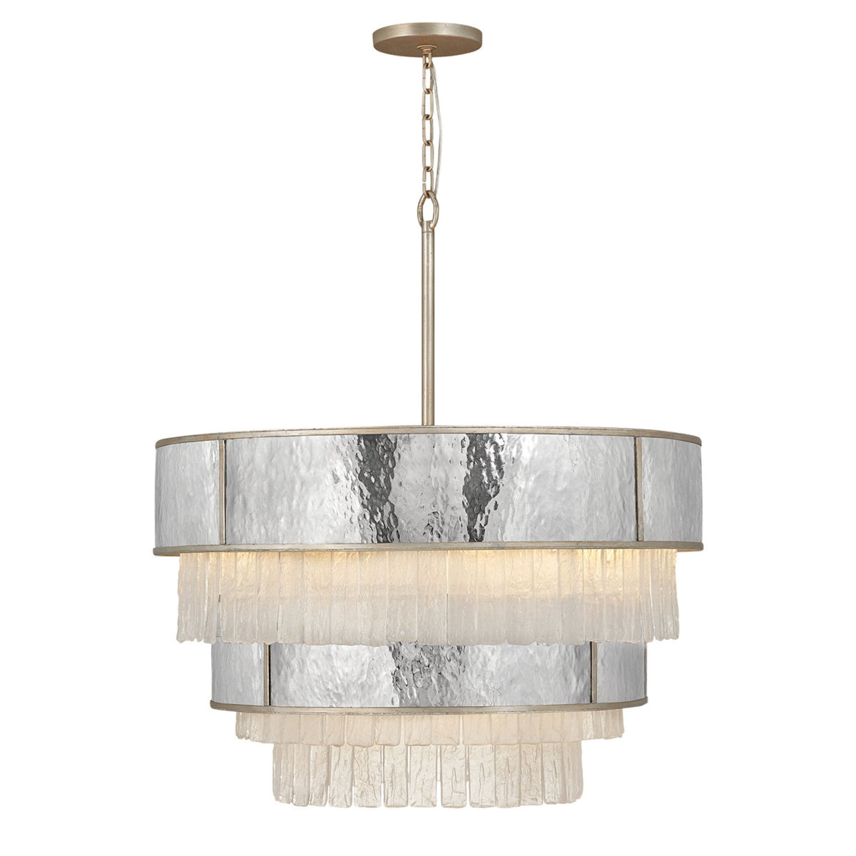 Reverie Twelve Lamp Pendant with Crystal Panels with Hammered Stainless Steel Shade